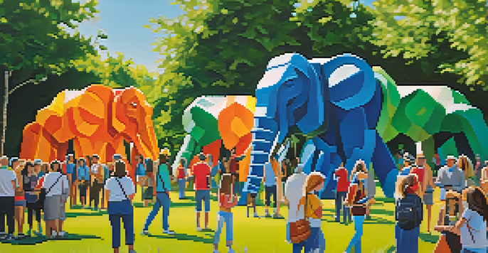 A lively outdoor eco-art festival with large sculptures made from recycled materials, surrounded by attendees interacting and enjoying the art in a green park.