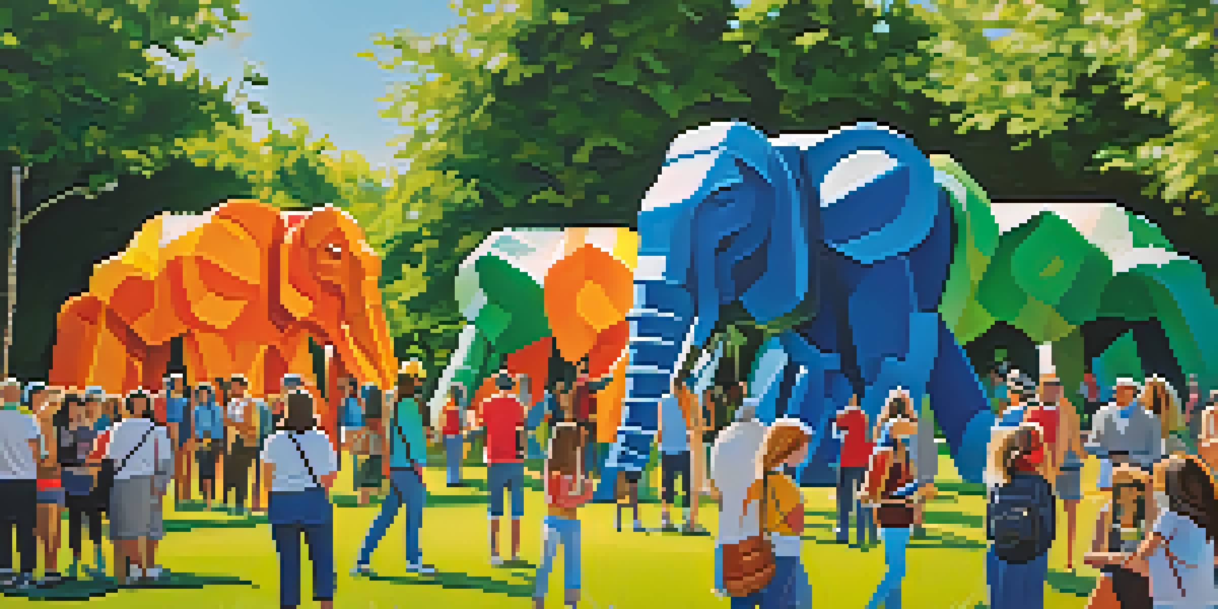 A lively outdoor eco-art festival with large sculptures made from recycled materials, surrounded by attendees interacting and enjoying the art in a green park.