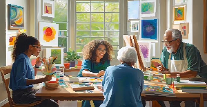 A cozy art therapy room filled with people creating colorful artwork, with sunlight streaming through a window.