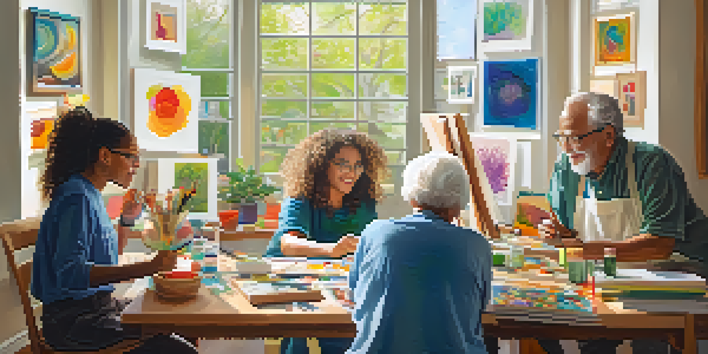 A cozy art therapy room filled with people creating colorful artwork, with sunlight streaming through a window.