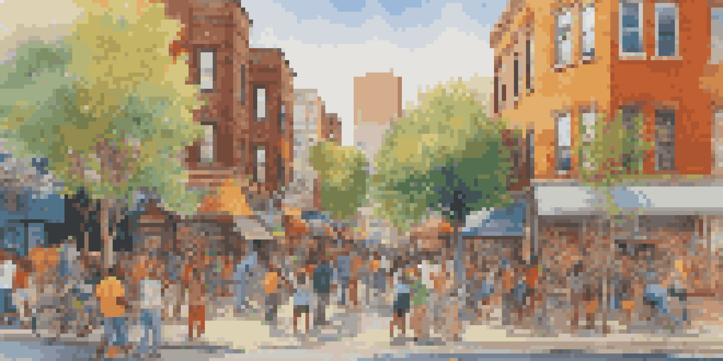 A colorful mural showcasing a diverse group of people working together on an art project in an urban setting, with sunlight filtering through trees.
