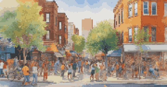 A colorful mural showcasing a diverse group of people working together on an art project in an urban setting, with sunlight filtering through trees.