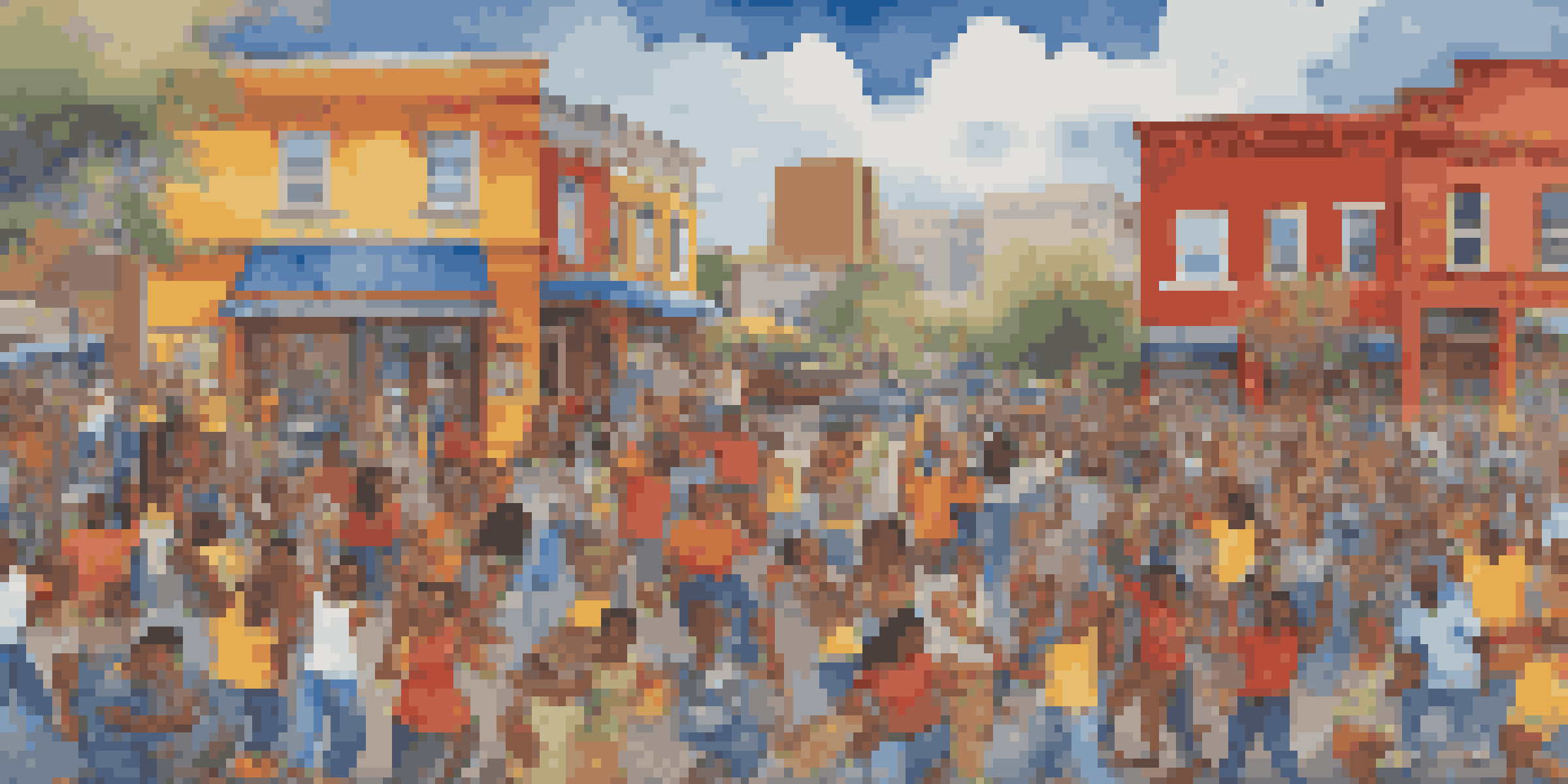 A colorful mural showing diverse individuals participating in artistic activities, symbolizing community unity and creativity.
