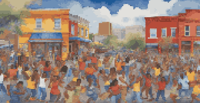 A colorful mural showing diverse individuals participating in artistic activities, symbolizing community unity and creativity.