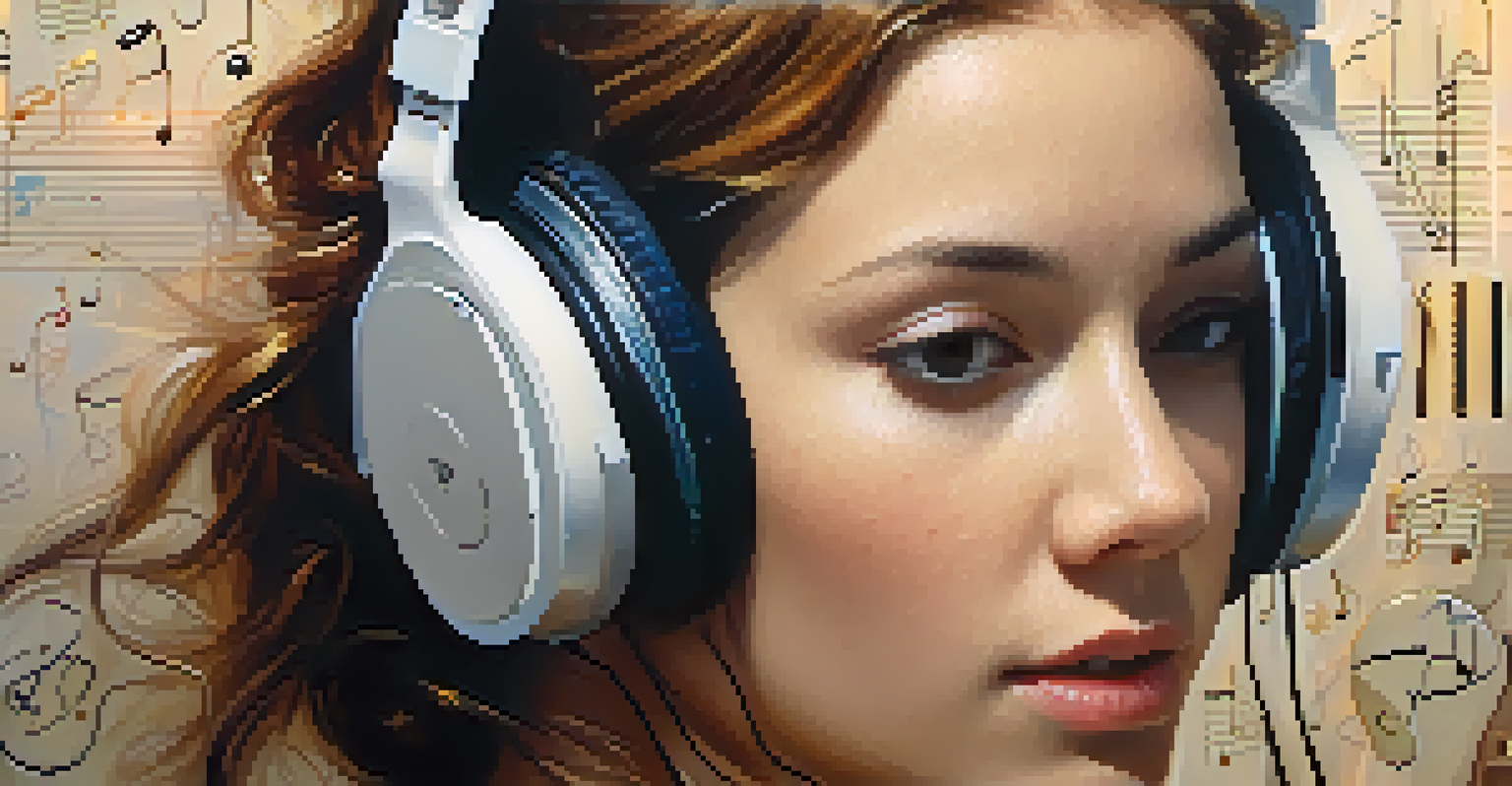 A close-up of a young woman with headphones, deeply absorbed in music, with musical notes softly blurred in the background.