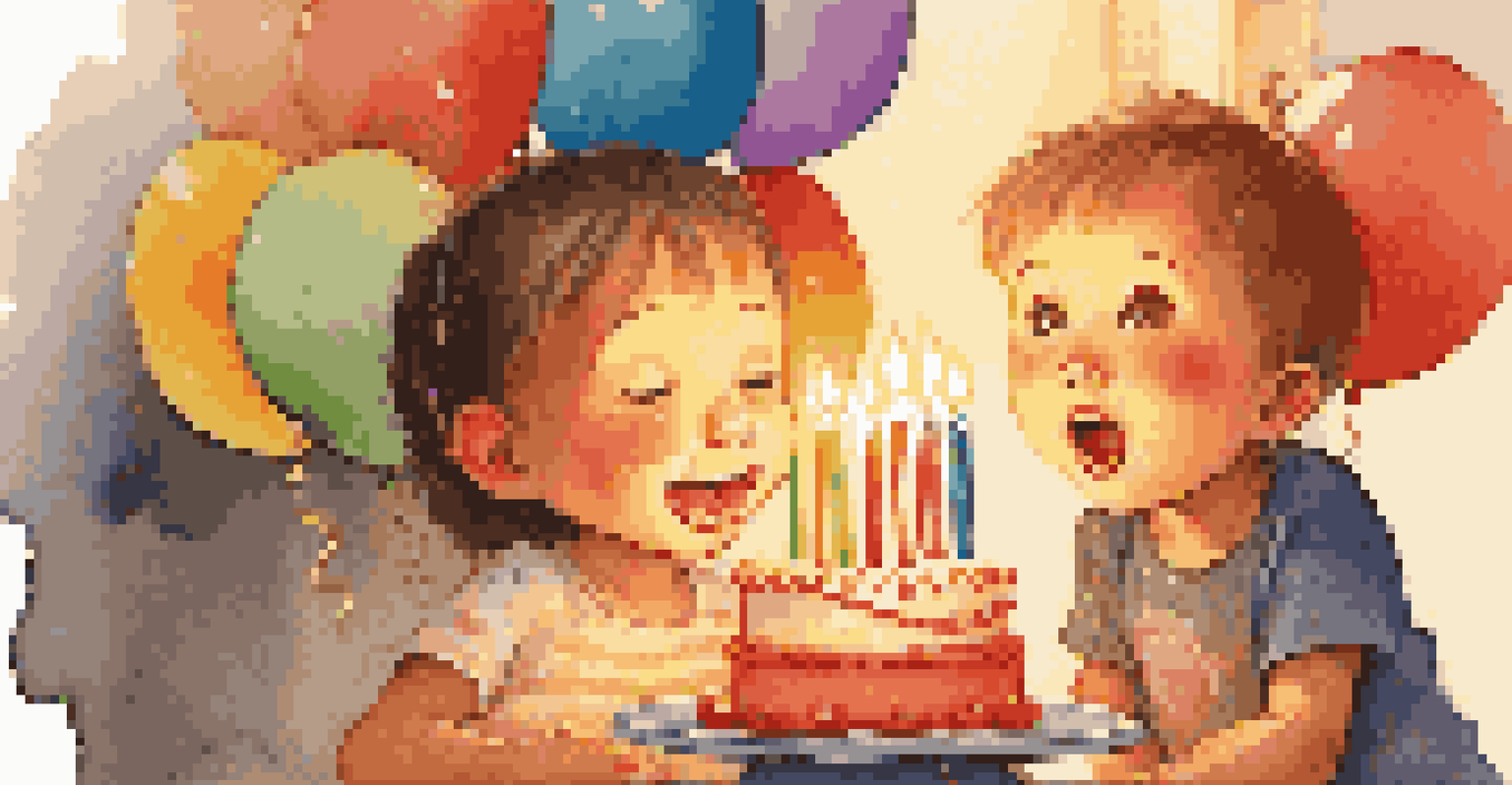 A child joyfully blowing out birthday candles on a cake, surrounded by colorful balloons and festive decorations.