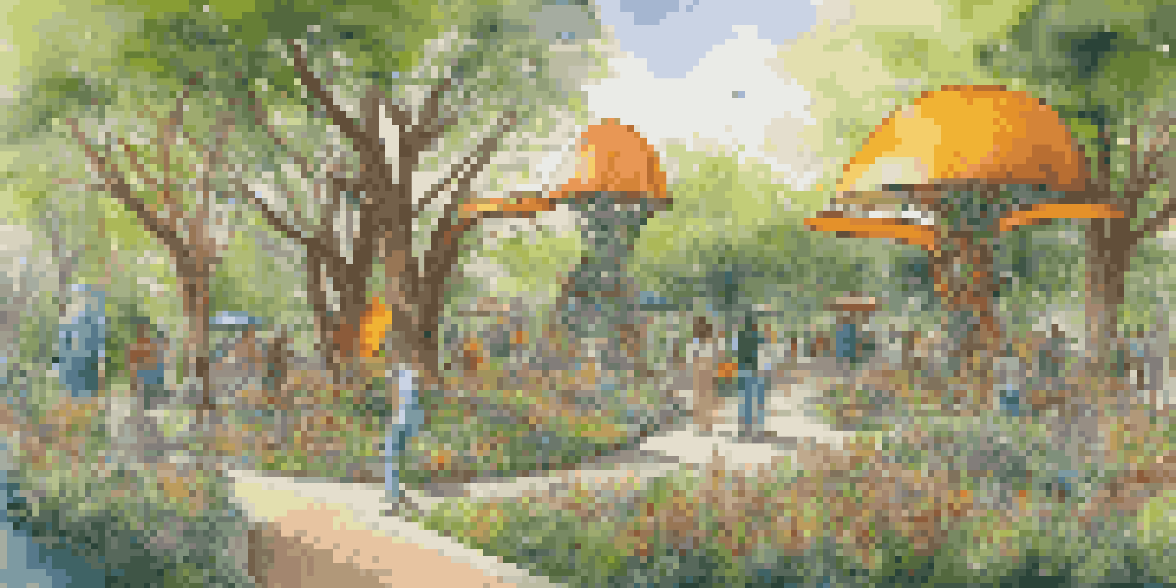 A colorful eco-art installation in a park, featuring sculptures made from recycled materials, surrounded by flowers and people.