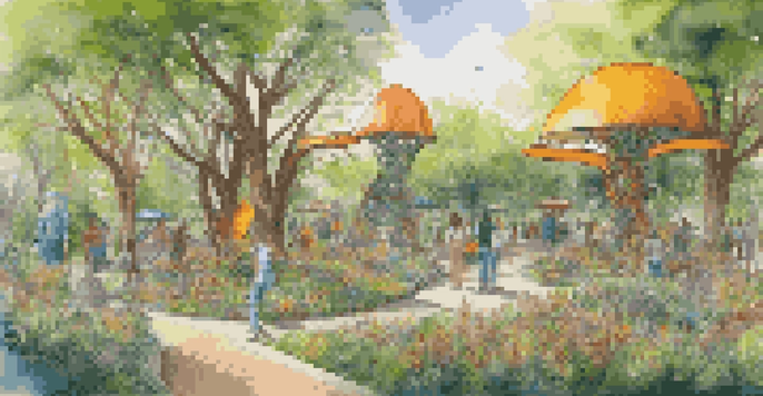 A colorful eco-art installation in a park, featuring sculptures made from recycled materials, surrounded by flowers and people.