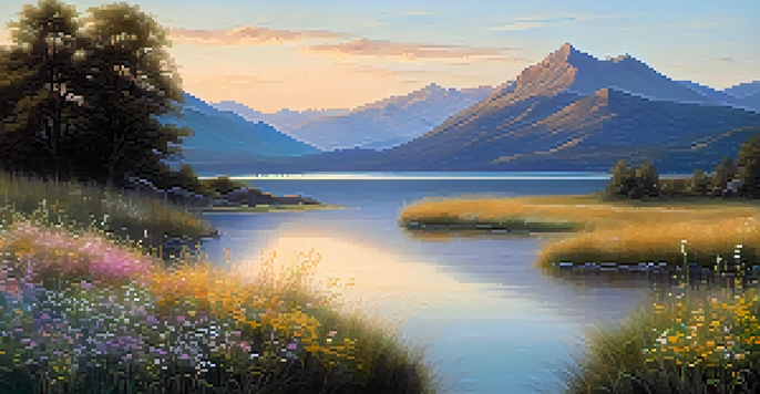 A peaceful landscape with a calm lake reflecting a pastel sunset, wildflowers in the foreground, and distant mountains under a clear sky.