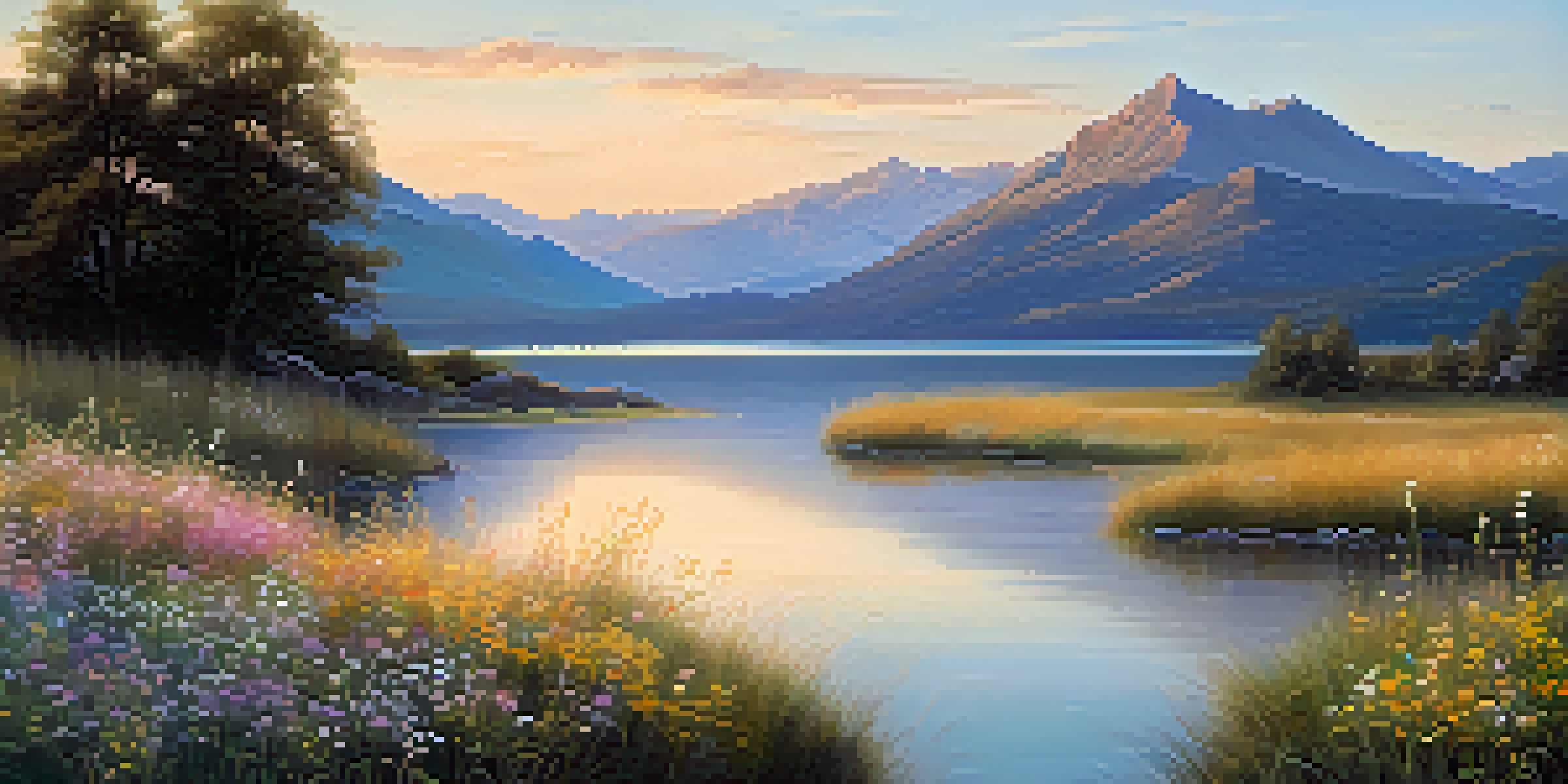 A peaceful landscape with a calm lake reflecting a pastel sunset, wildflowers in the foreground, and distant mountains under a clear sky.