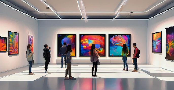 A modern art gallery filled with colorful NFT artworks displayed on screens, with visitors enjoying the vibrant atmosphere.