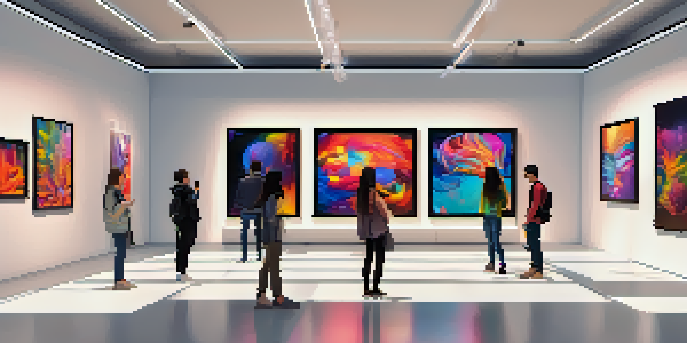 A modern art gallery filled with colorful NFT artworks displayed on screens, with visitors enjoying the vibrant atmosphere.