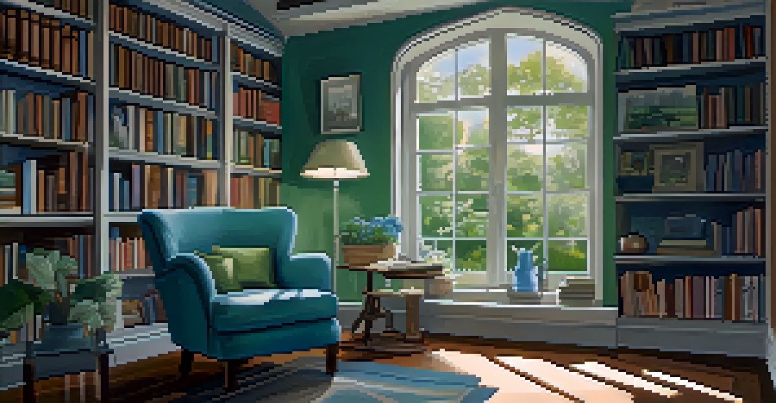 A cozy reading nook with soft blue and green colors, featuring a comfortable armchair, a bookshelf filled with books, and a window overlooking a peaceful garden.