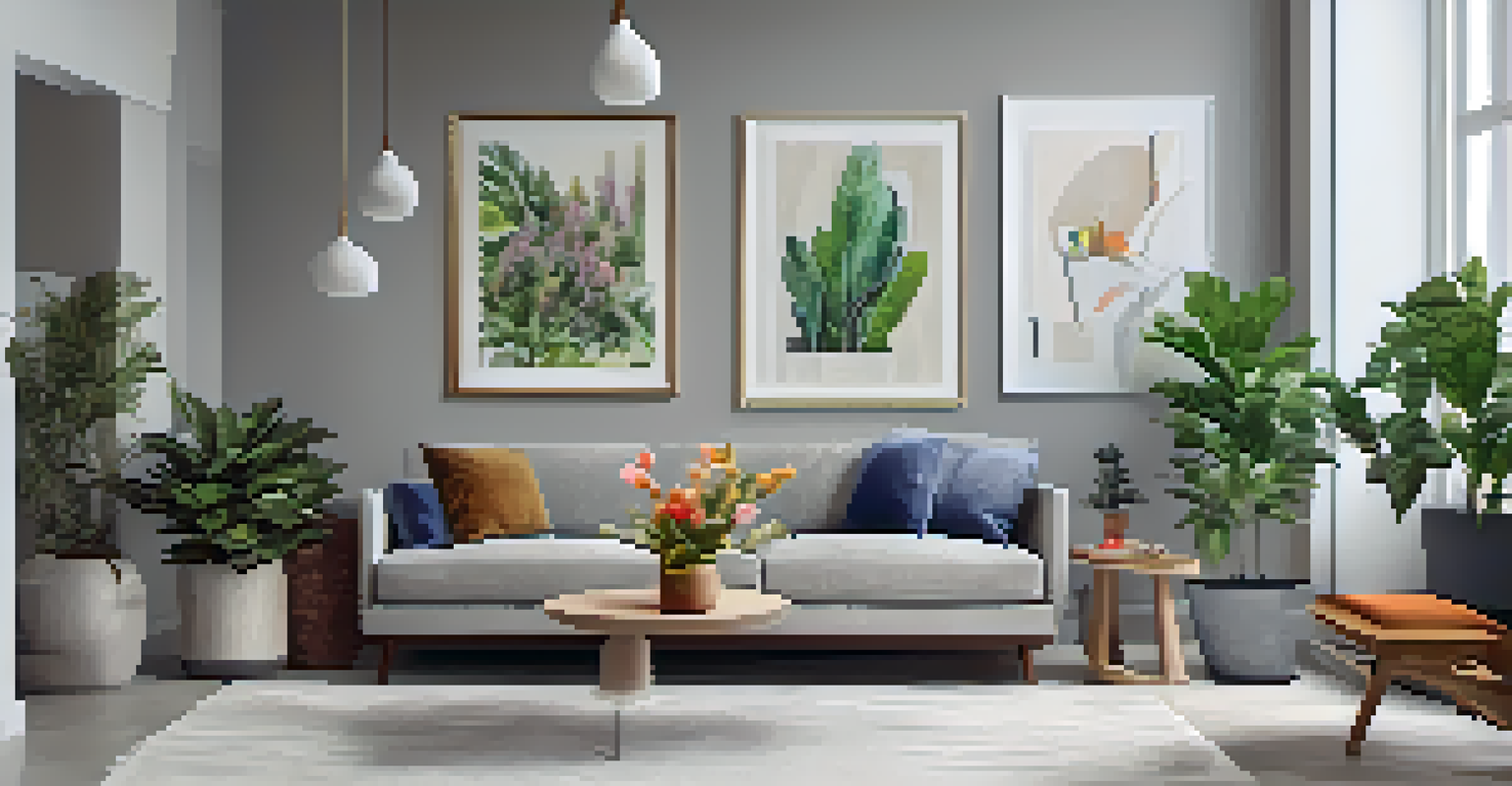 An artistic gallery wall with vibrant artworks on a gray background, complemented by soft lighting and potted plants.