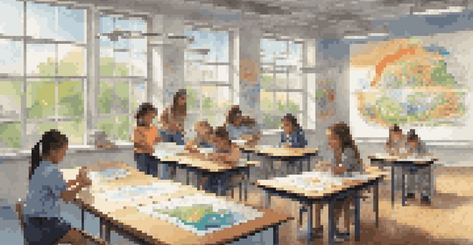 Students in a bright classroom creating art projects about the water cycle, with colorful artworks displayed on the walls.