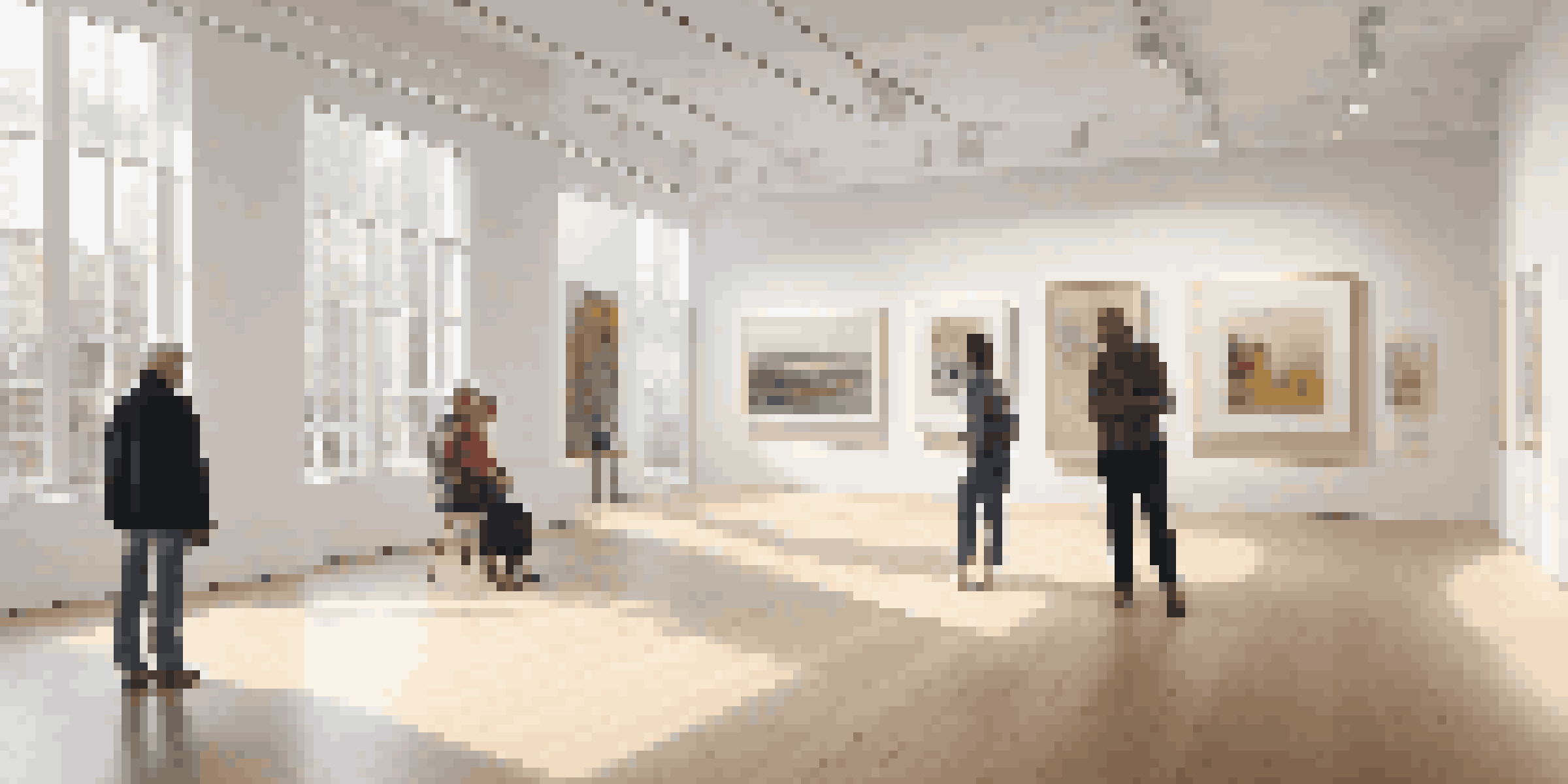A bright and inviting art gallery with diverse contemporary artworks and visitors admiring them.