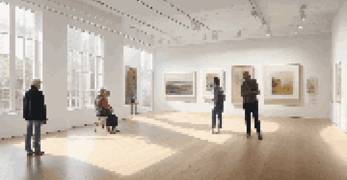 A bright and inviting art gallery with diverse contemporary artworks and visitors admiring them.