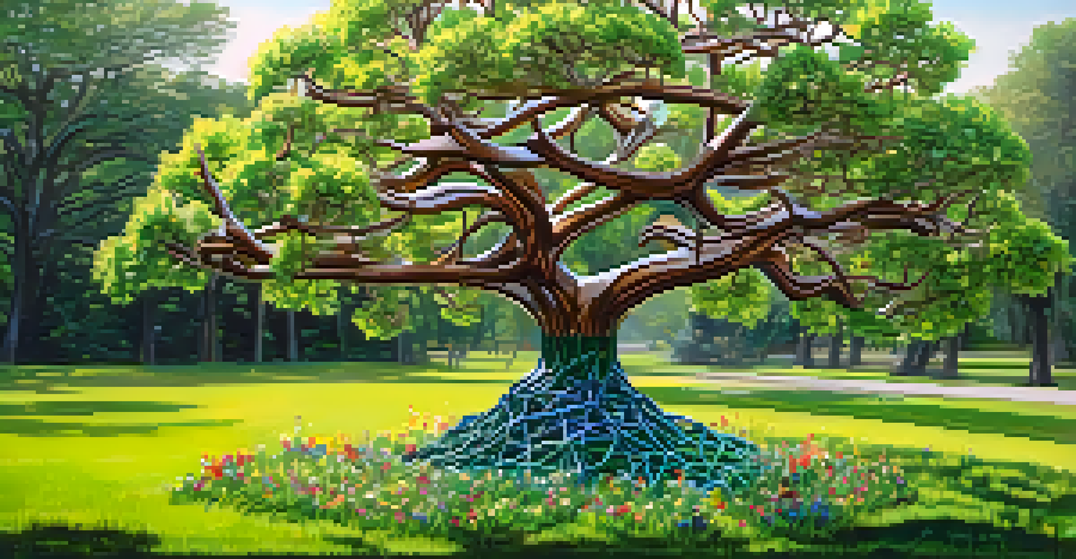 A sculpture of a tree made from recycled plastics, set in a green landscape with wildflowers.