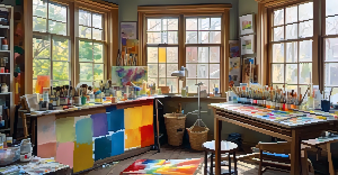 An artist's studio with bright colors, natural light, and a painter mixing paints joyfully.