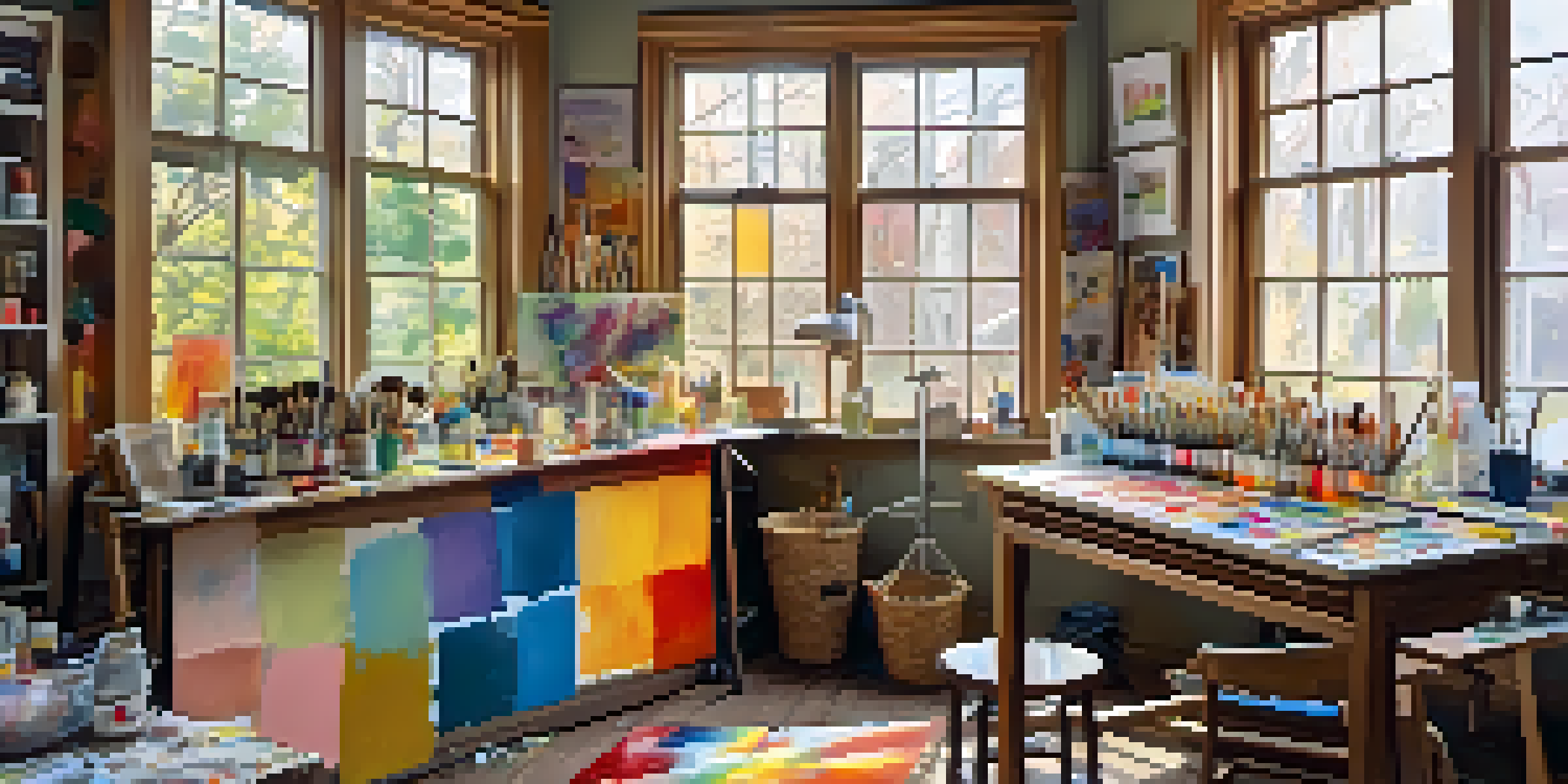 An artist's studio with bright colors, natural light, and a painter mixing paints joyfully.