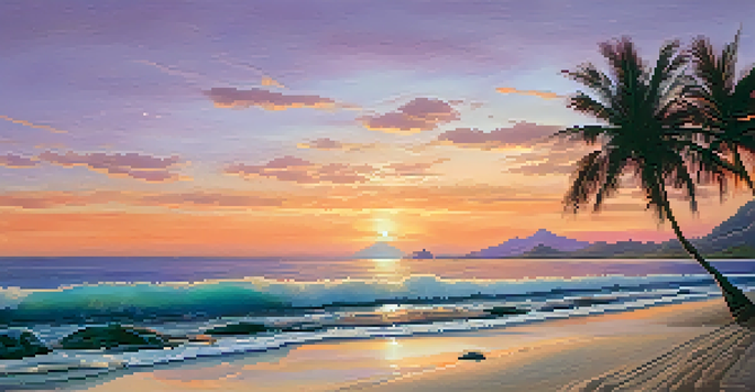 A peaceful sunset at the beach with colorful sky and calm water, seashells on the sand, and palm trees swaying gently.