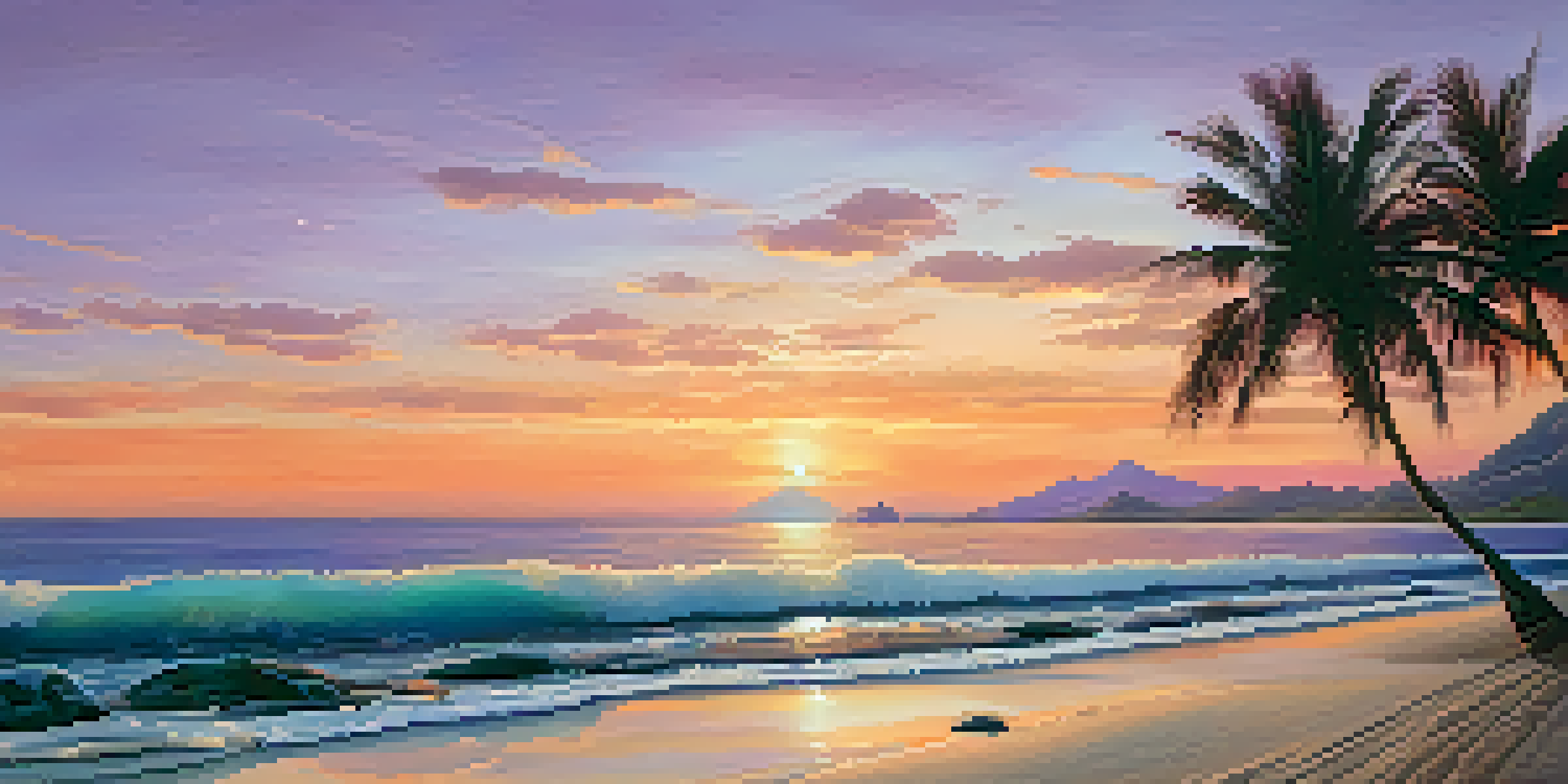 A peaceful sunset at the beach with colorful sky and calm water, seashells on the sand, and palm trees swaying gently.