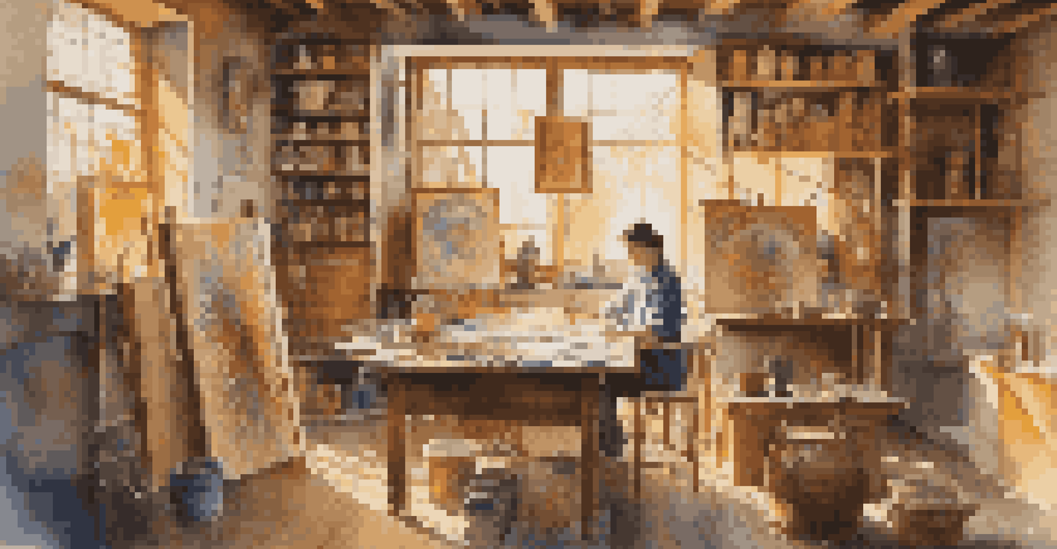An artist in a bright studio creating a large canvas that combines traditional and modern art styles.