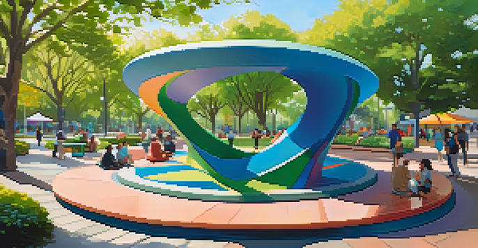 A colorful abstract sculpture surrounded by greenery in a city park, with people engaging around it.