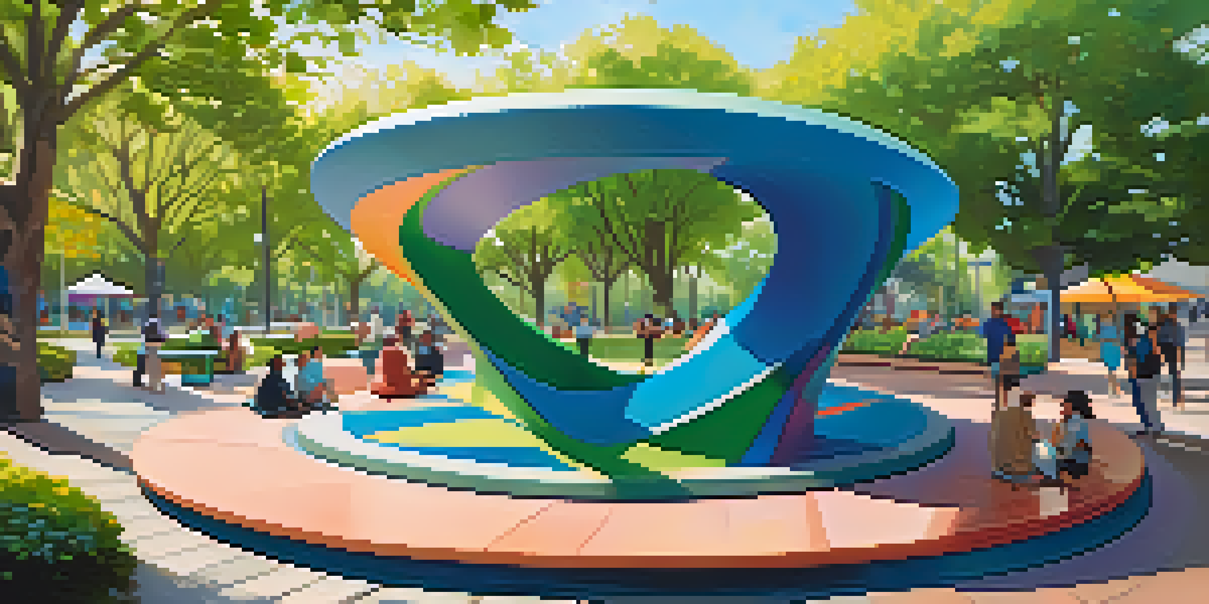A colorful abstract sculpture surrounded by greenery in a city park, with people engaging around it.