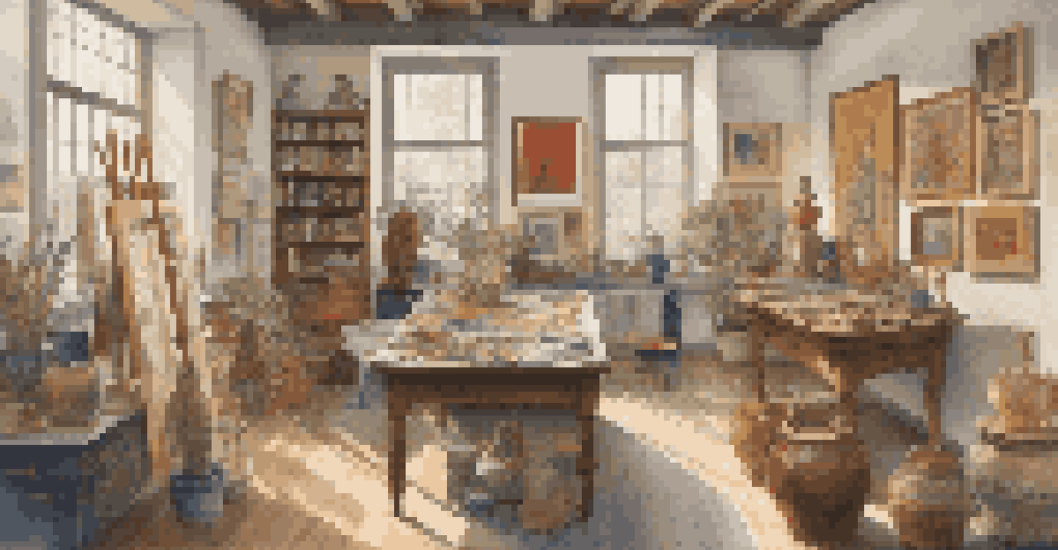 An artist's studio showcasing various artworks from different cultures, illuminated by natural light from large windows.