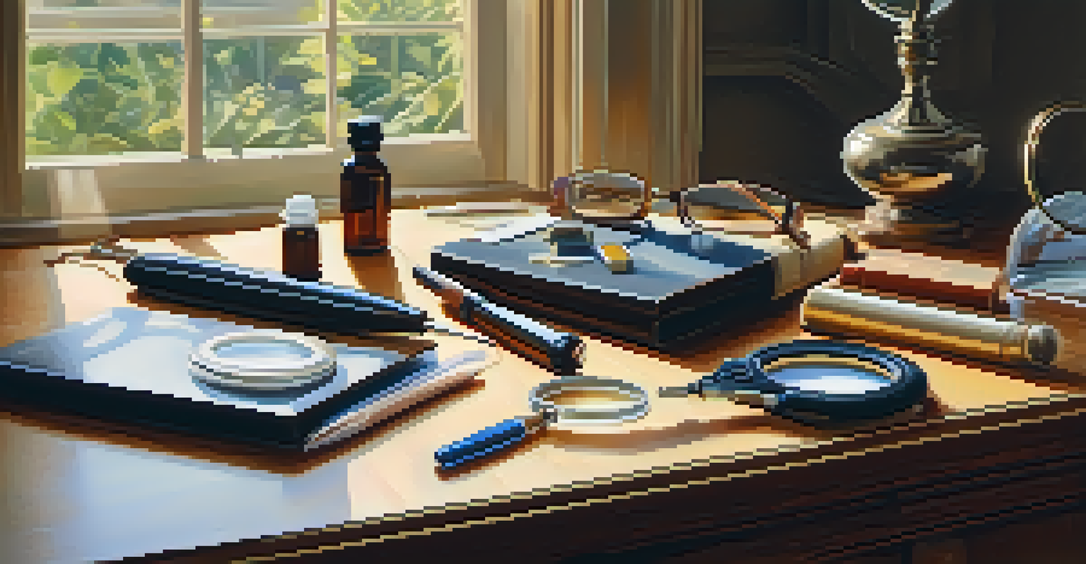 A wooden table showcasing various art authentication tools with art pieces in the background, illuminated by warm natural light.