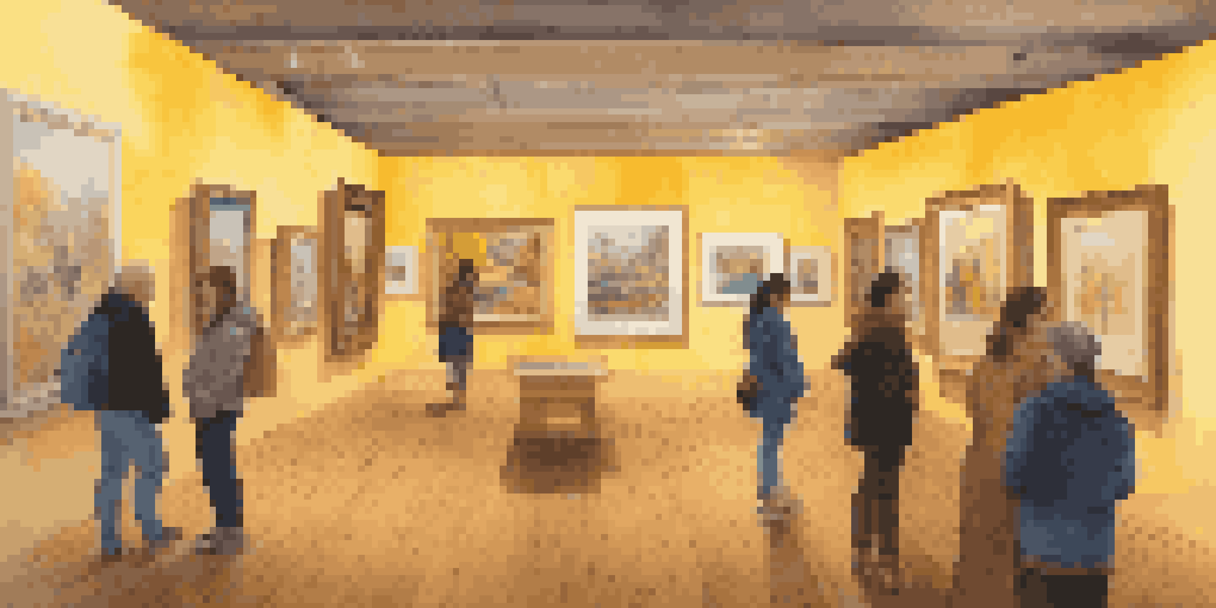A warm and inviting art gallery with visitors admiring various vibrant paintings.