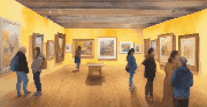 A warm and inviting art gallery with visitors admiring various vibrant paintings.