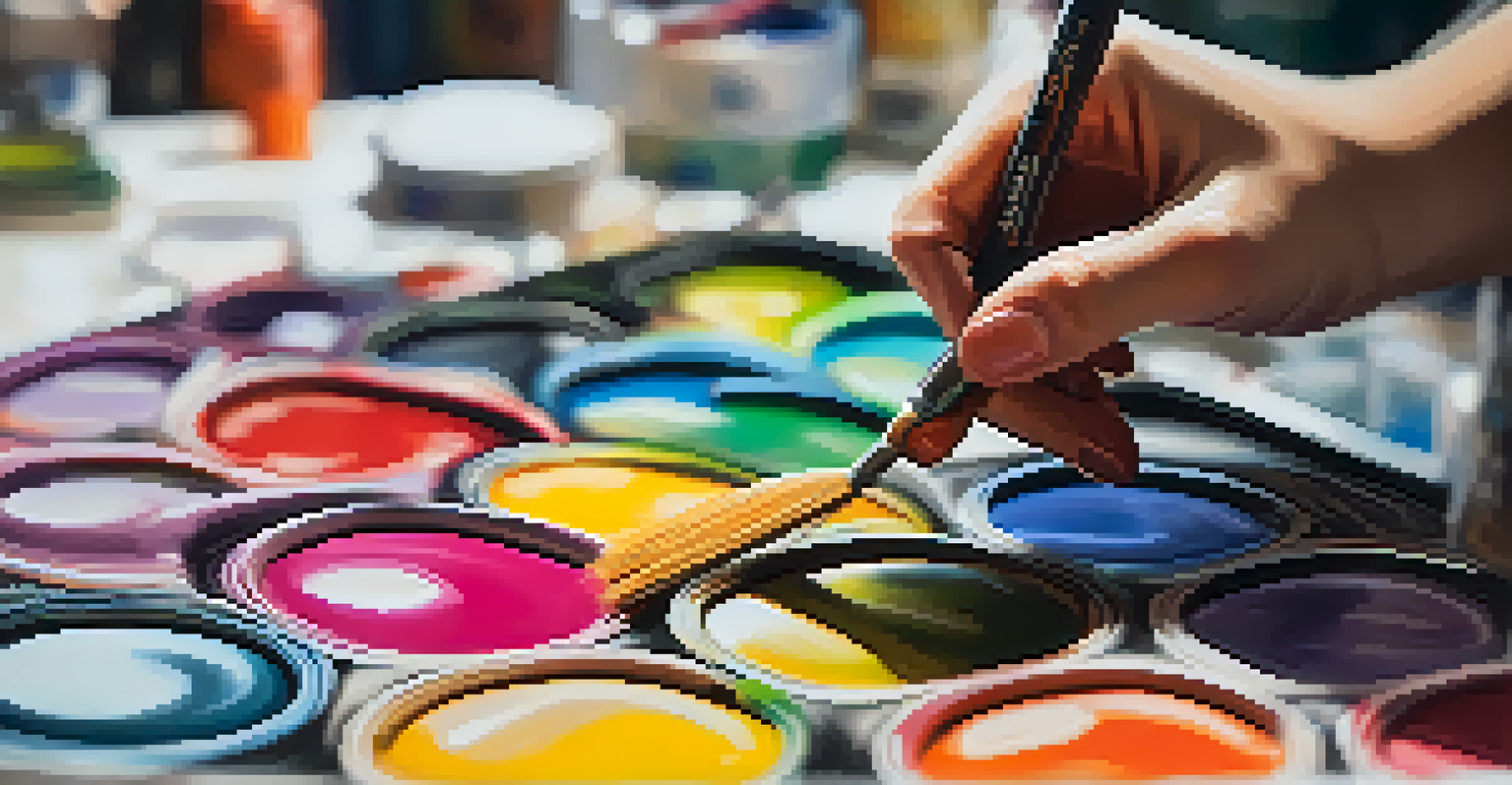 A close-up of a painter's hand with a brush, vibrant paint strokes on a canvas, and a palette with colors.