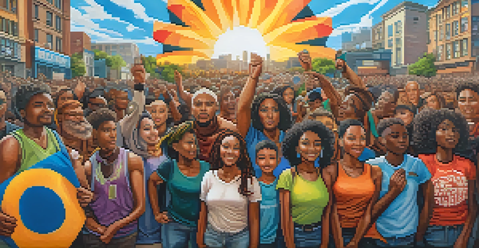 A mural showing a diverse group of people protesting peacefully, filled with vibrant colors and intricate details that express hope and unity.