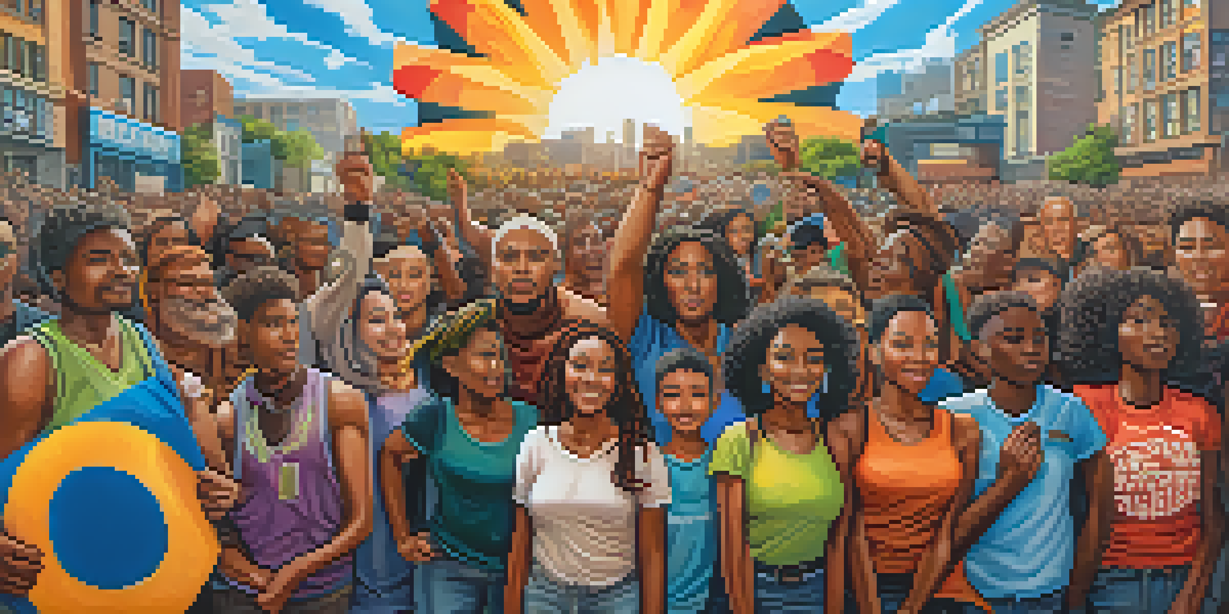 A mural showing a diverse group of people protesting peacefully, filled with vibrant colors and intricate details that express hope and unity.