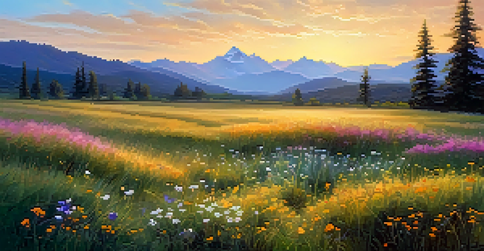 A peaceful meadow at sunset, filled with colorful wildflowers and majestic mountains in the background.