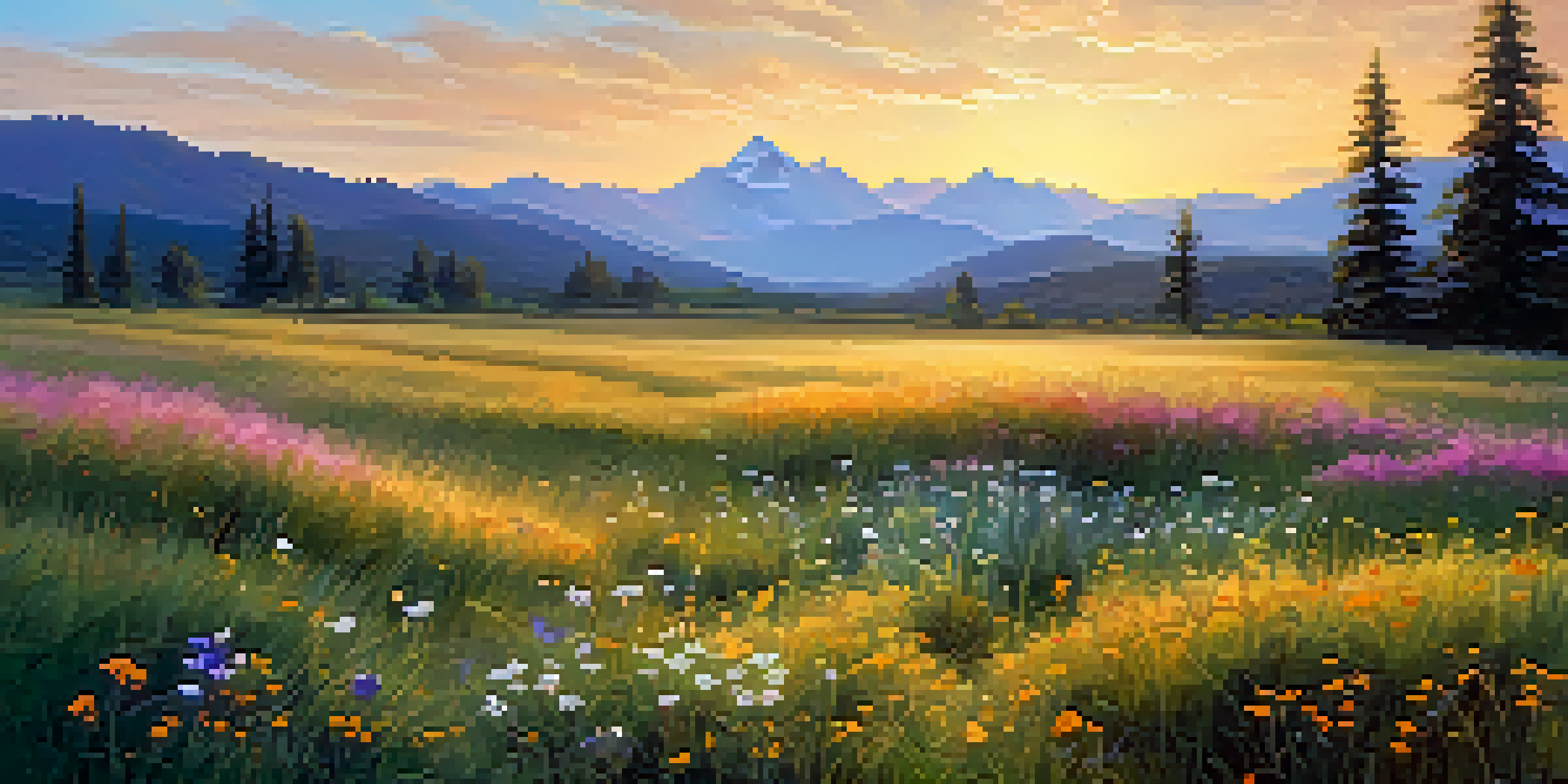 A peaceful meadow at sunset, filled with colorful wildflowers and majestic mountains in the background.