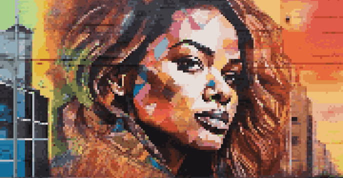 A colorful mural of a celebrity with abstract patterns on a city wall during sunset.