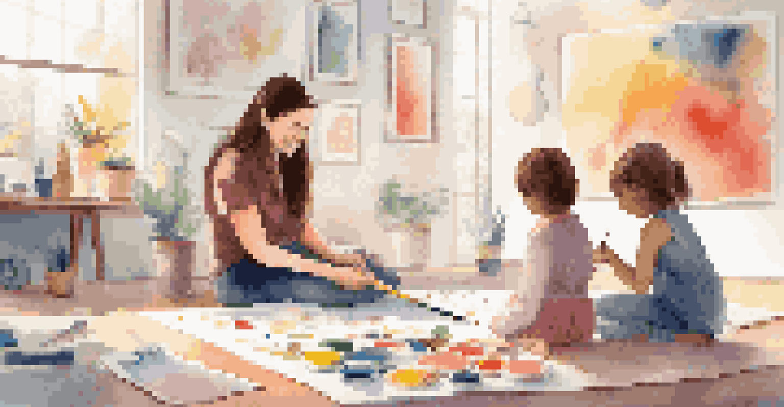 A child engaged in an art therapy session, creating a mural with the support of a therapist in a cozy, well-equipped room.