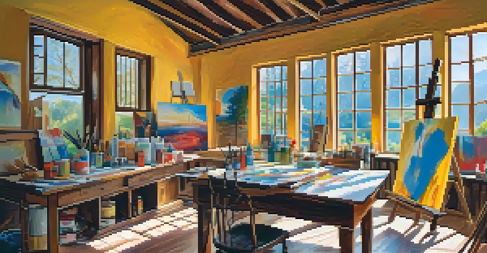 An artist working in a bright studio with colorful canvases and paint supplies, immersed in painting.