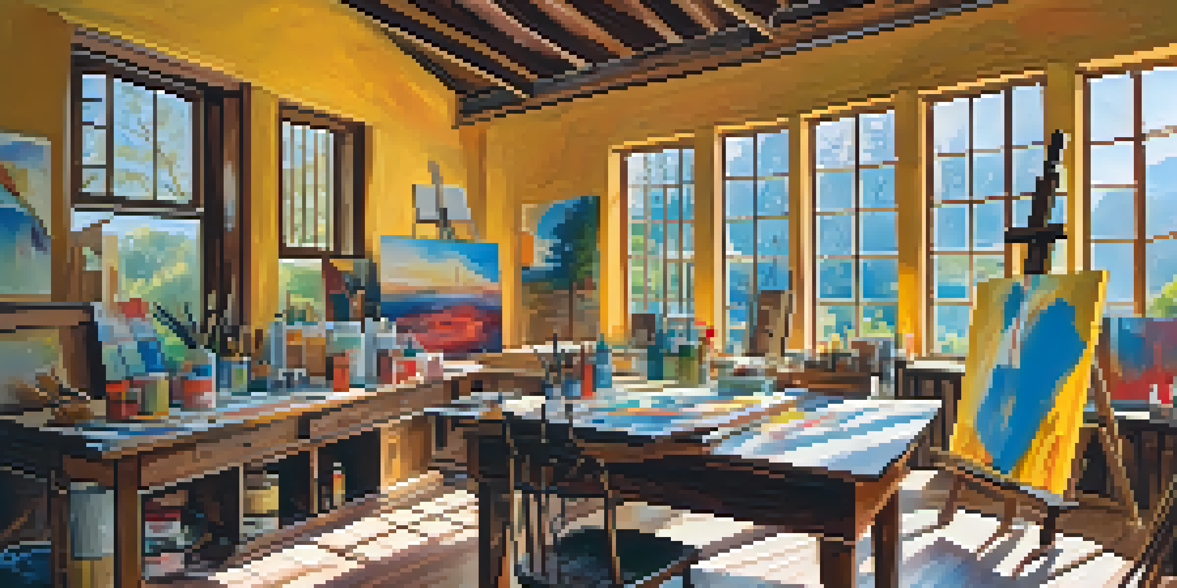 An artist working in a bright studio with colorful canvases and paint supplies, immersed in painting.