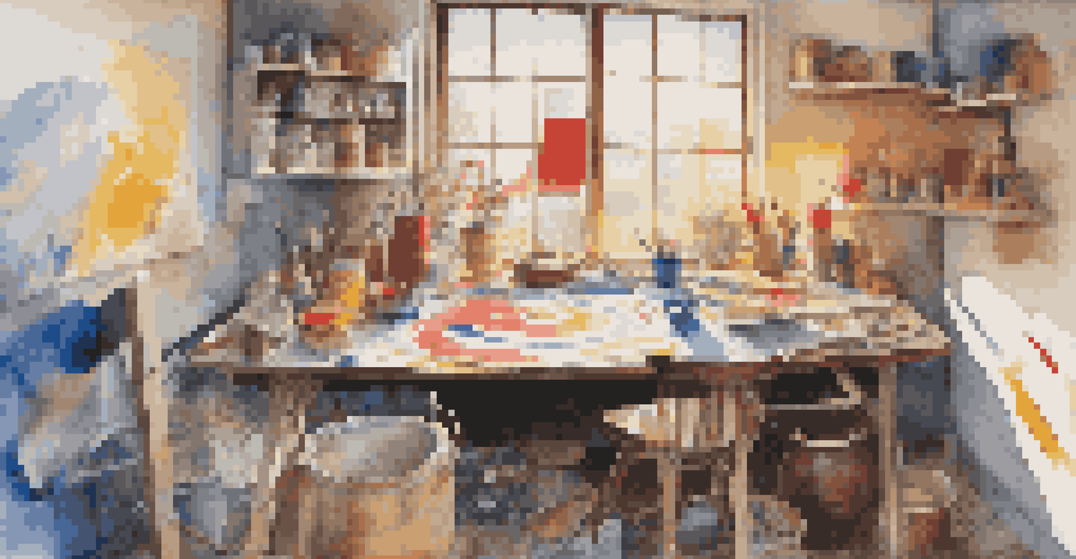 An artist's workspace with a large canvas displaying an abstract sgraffito design and tools for creating the art.