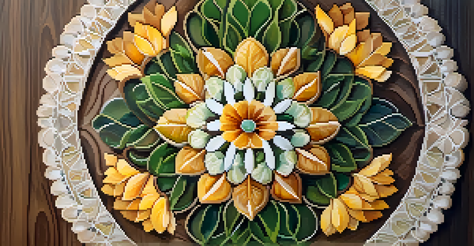 A detailed mandala made from leaves and flowers on a wooden surface, inviting a sense of calm and contemplation.