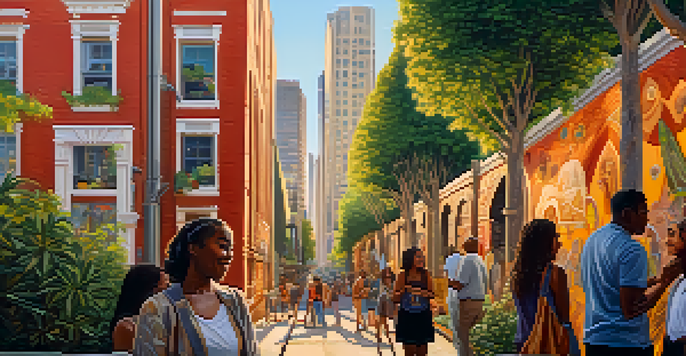 A colorful mural on a city wall featuring diverse faces and cultural symbols, with people admiring it under warm golden hour sunlight.