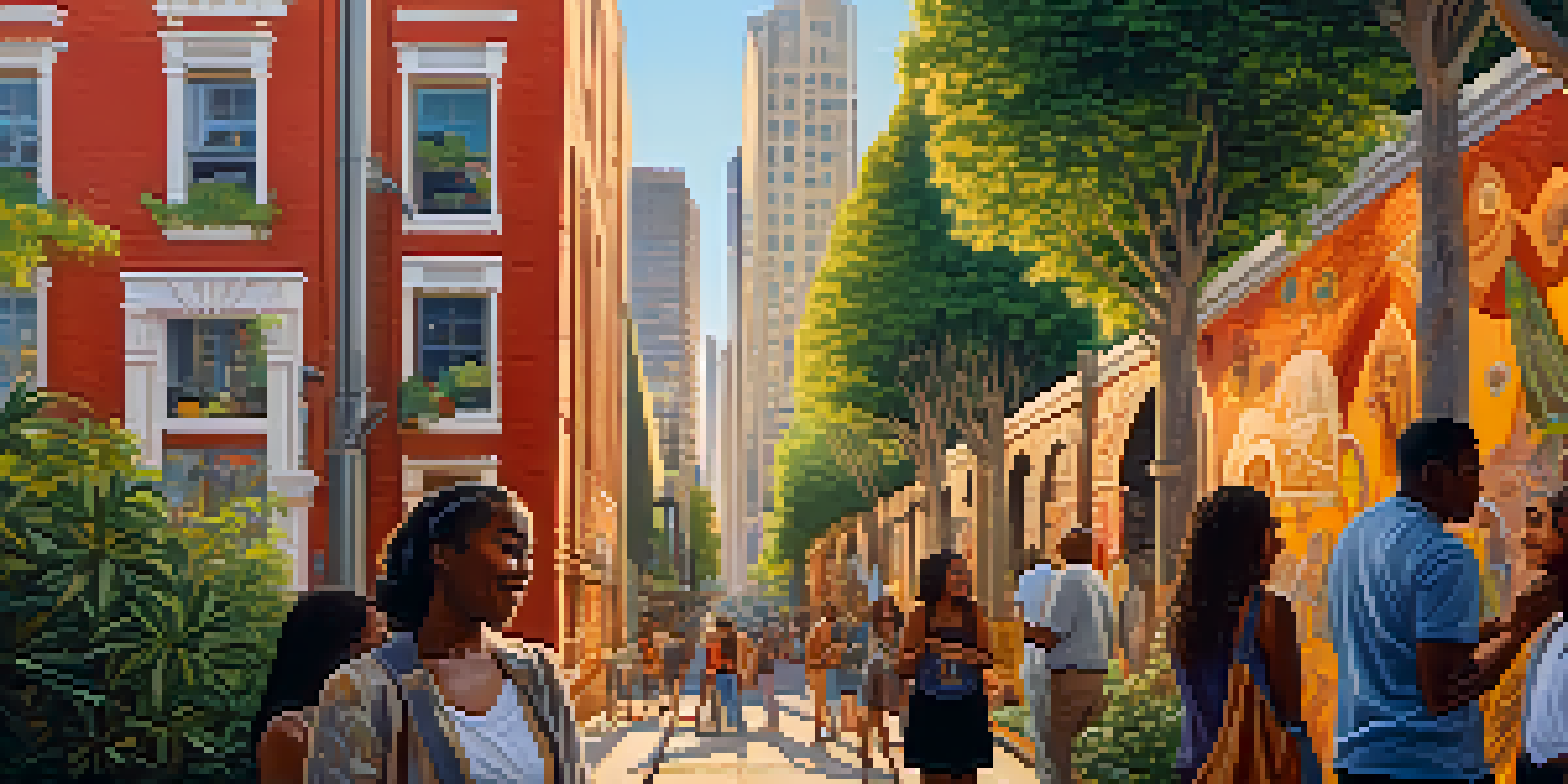 A colorful mural on a city wall featuring diverse faces and cultural symbols, with people admiring it under warm golden hour sunlight.