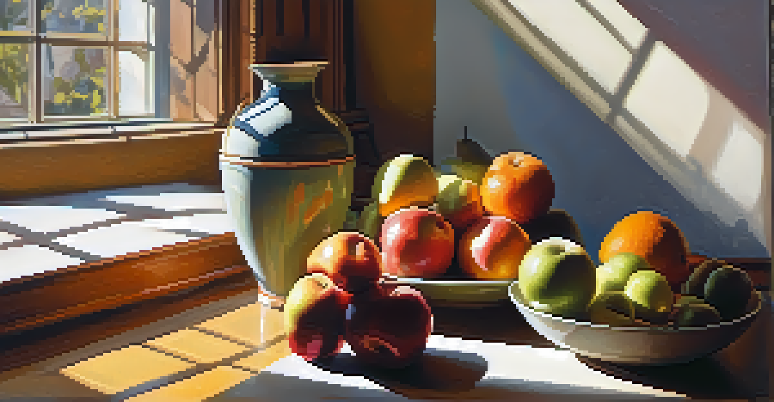 An artist's studio with artificial light illuminating a still life painting of colorful fruits, creating dramatic shadows and textures.