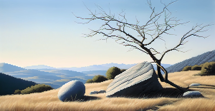 A minimalist art installation in a natural landscape made from stones and branches, surrounded by rolling hills under a clear blue sky.