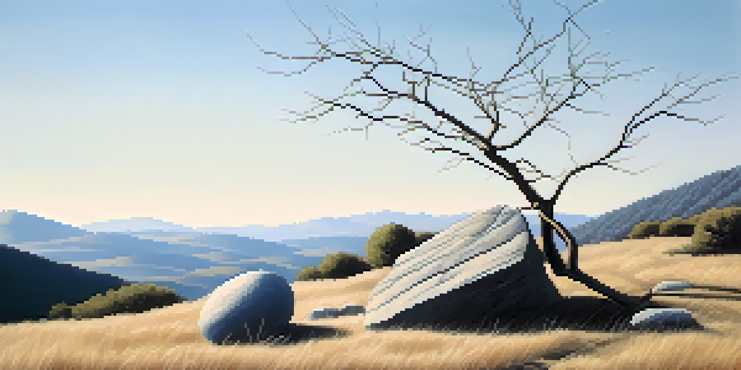 A minimalist art installation in a natural landscape made from stones and branches, surrounded by rolling hills under a clear blue sky.