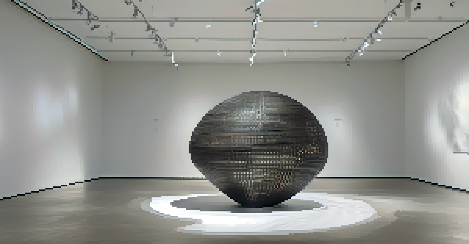 A large abstract sculpture made from recycled materials in a contemporary gallery, with visitors interacting with the piece.